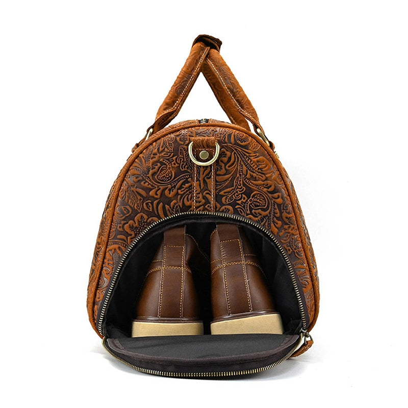Retro Floral Leather Duffle Bag
