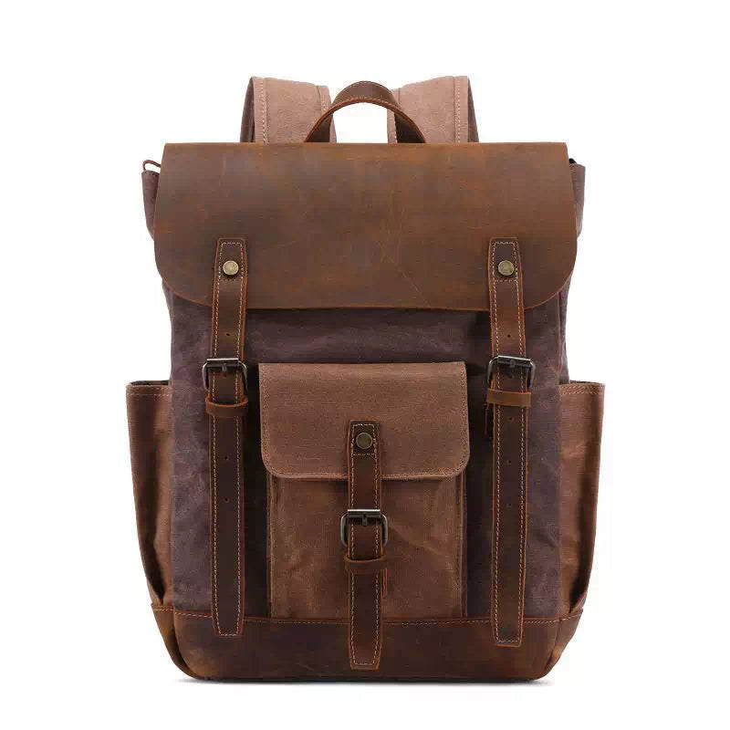 Men's Waxed Canvas and Leather Waterproof Backpack with Laptop Compartment, Coffee / 14