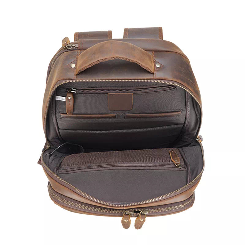 Men's Crazy Horse Leather Travel Backpack - Large Size