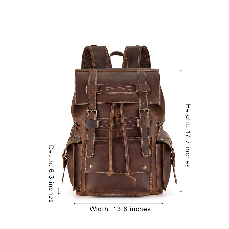 Men's Leather Backpack Vintage Drawstring Large Backpack
