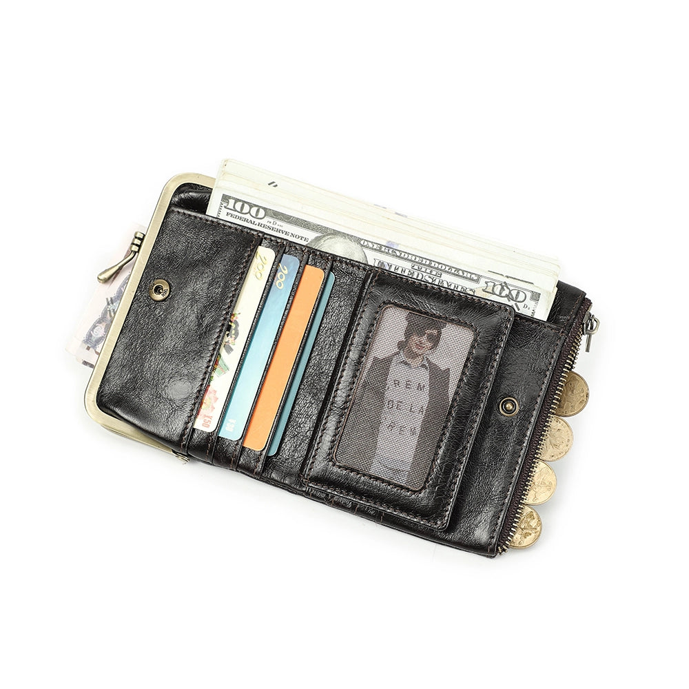 Women's Compact Leather Bifold Wallet RFID Blocking