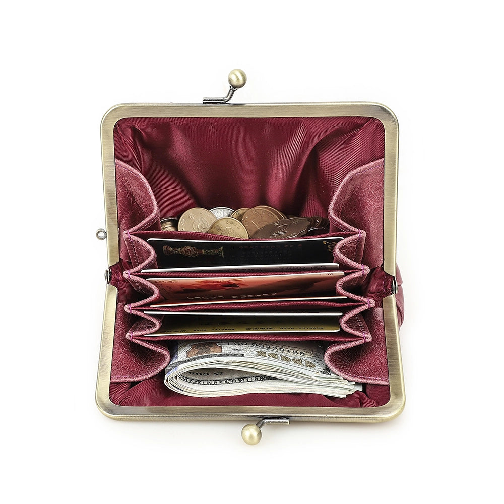 Women's Kiss Lock Leather Accordion Wallet - Free Monogram