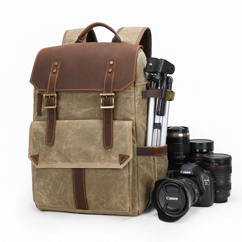Waxed Canvas Camera Bag Backpack for Men – Great Gift for Photographers, Khaki / 15