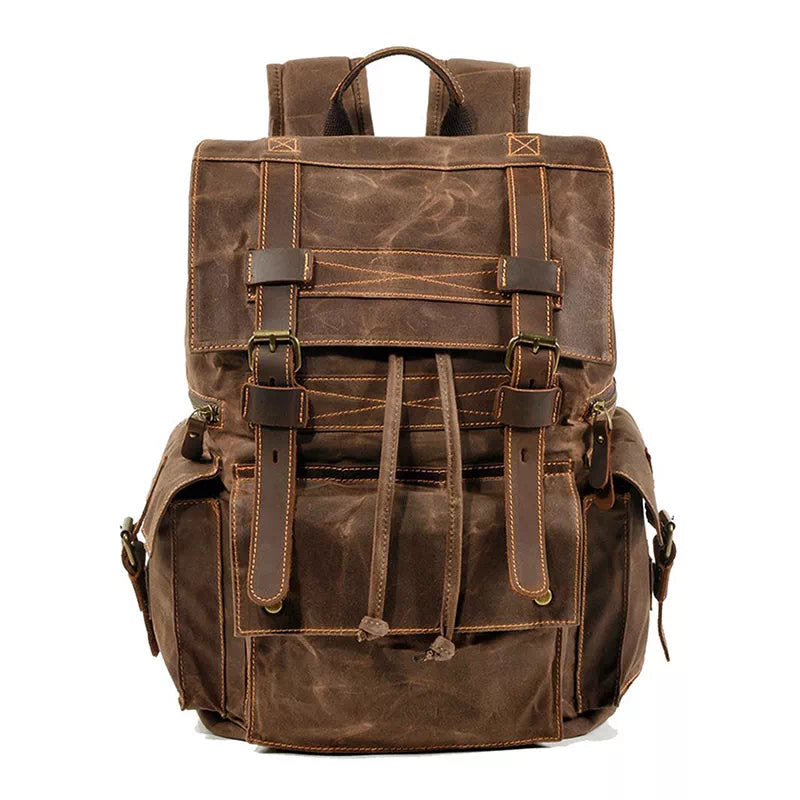 brown leather canvas backpack 25L Traveler Kodiak this large 35x15x45cm rucksack holds plenty without weighing you down at just 1.23kg Pacific Crest Waxed Cotton Rucksack