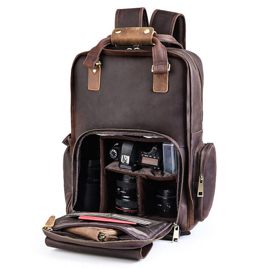 Men's Crazy Horse Leather Camera and Lens Backpack