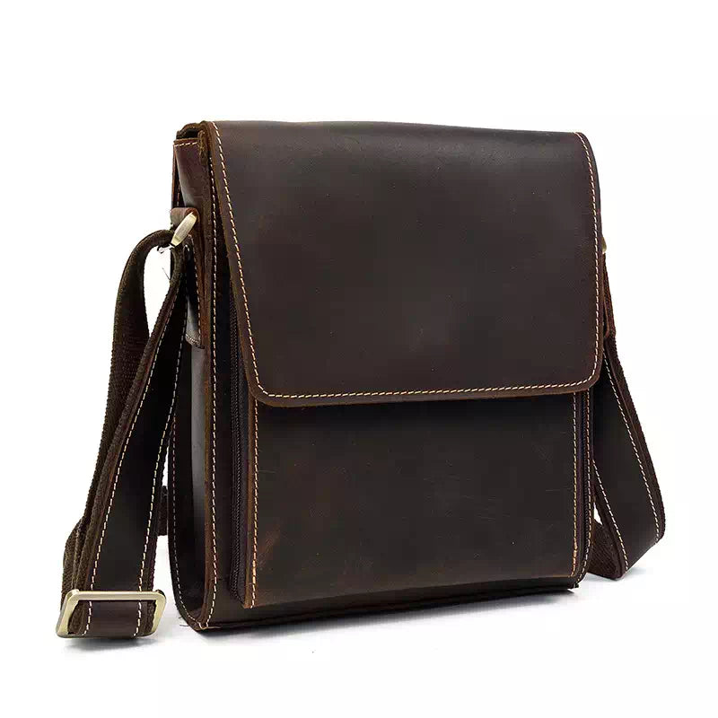 Mens Mini Messenger Bag. Black Leather Shoulder Bag 