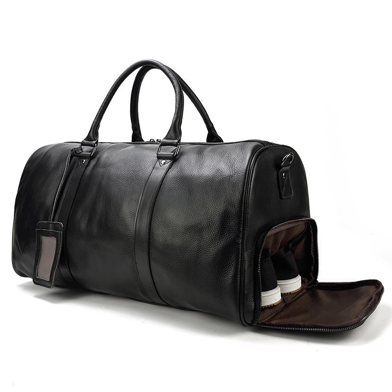 Men's Leather Duffle Bag Weekender Travel Bag, Black