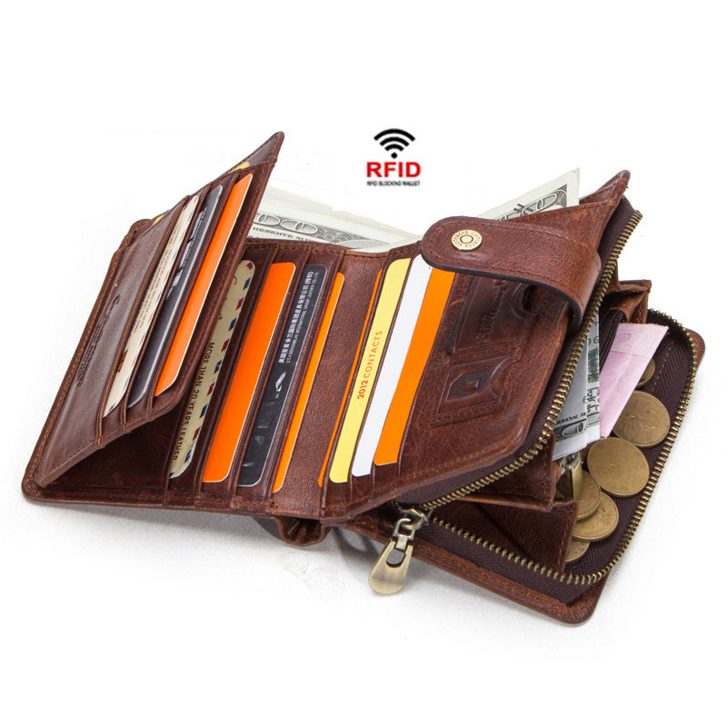 Small Men's Leather Trifold Wallet - 12 Card Slots - RFID Blocking