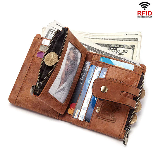 Men's Leather Bi-Fold Wallet RFID Blocking