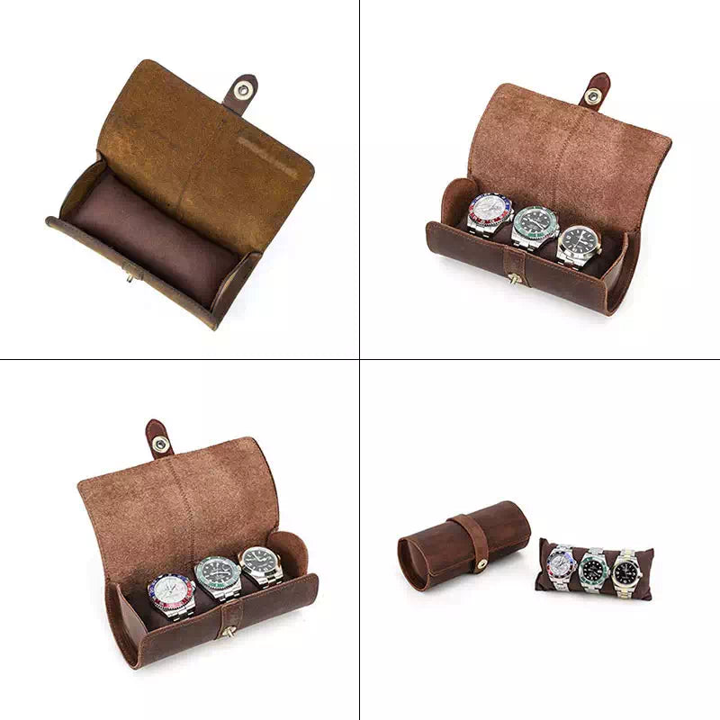 Coffee Genuine Leather Watch Roll Travel Case For 3 Watches – Mozsly
